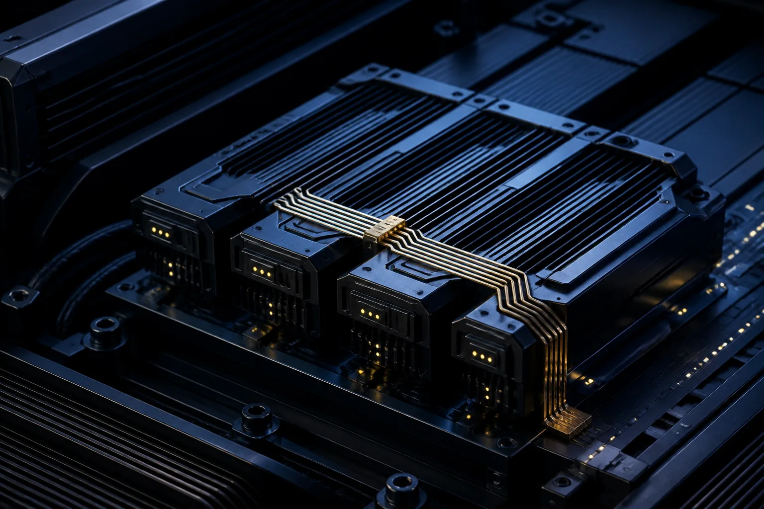Conceptual close-up of layered computational modules, heat-sink fins and a fine yellow signal pathway.